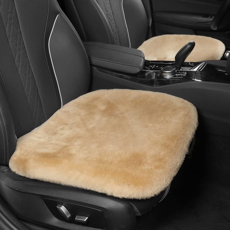 IRIWOOL Genuine Sheepskin Auto Seat Pad, Australian Soft Wool Seat Cover Breathable and Sweat-Wicking Comfort Warm Universal Fit,19.2 inch x19.2 inch (Front seat Cushion 1pc, Khaki) - Image 3